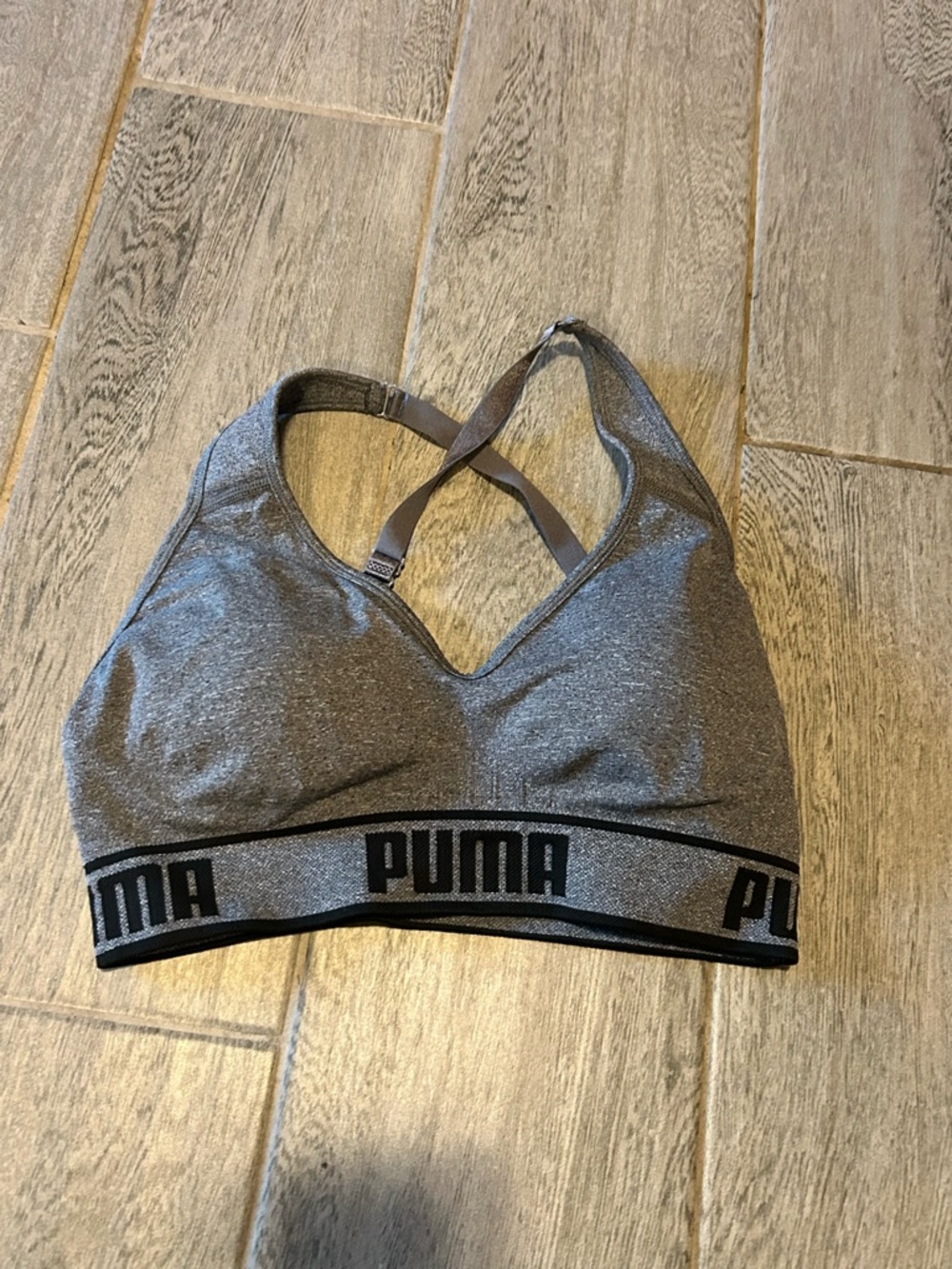 Puma Heather Gray Crisscross Logo Band Sports Bra - size Medium